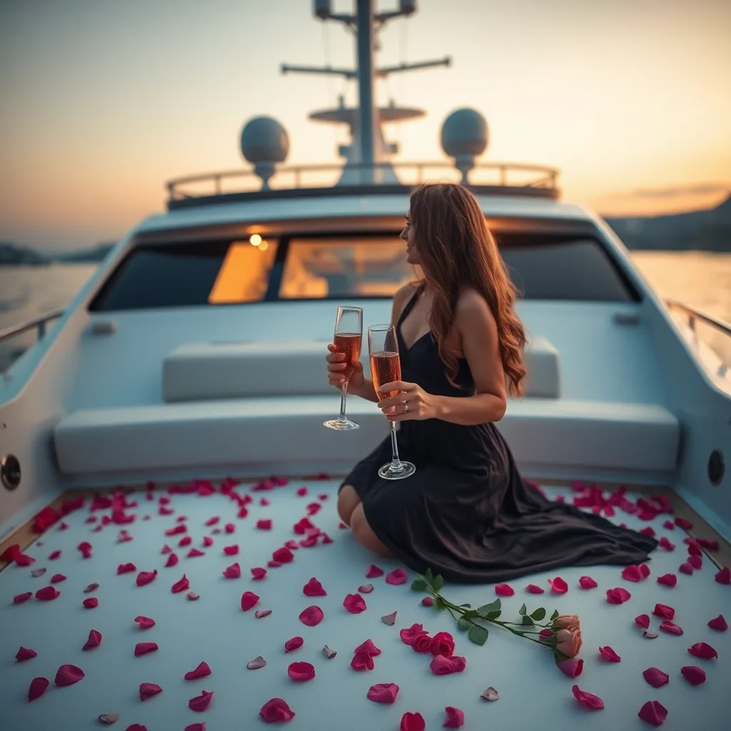 A romantic proposal setup with champagne on a private boat deck.