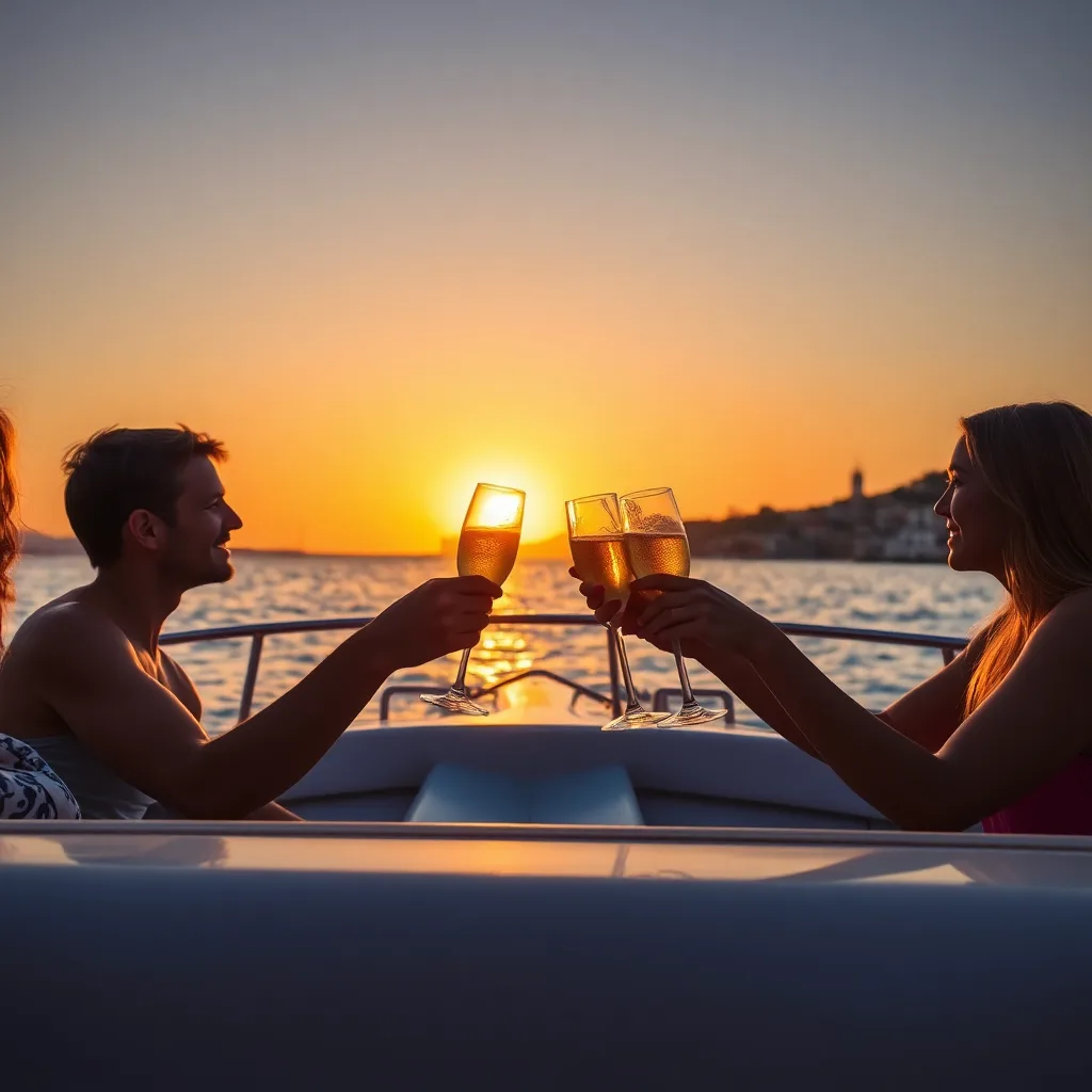 Friends clinking drinks during a golden hour boat cruise in Barcelona.