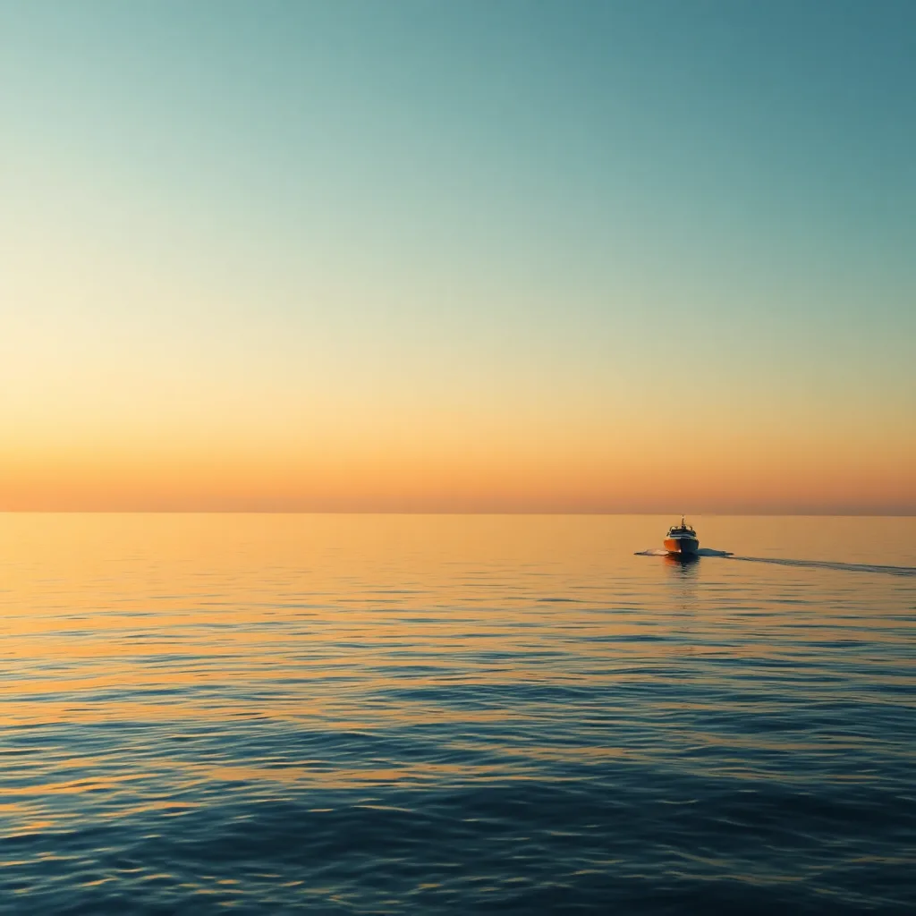 A calm Mediterranean golden hour scene with a boat sailing away.