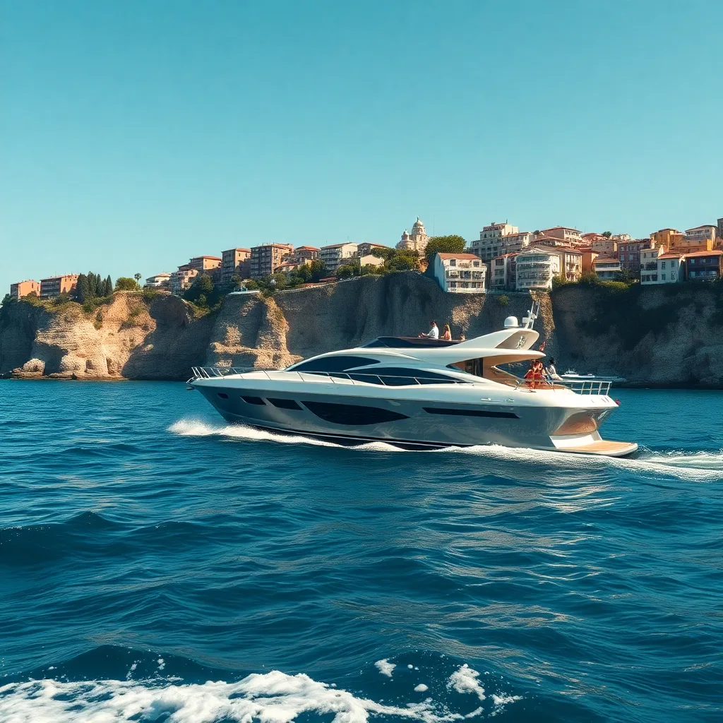 A private boat cruising along the Barcelona coast.