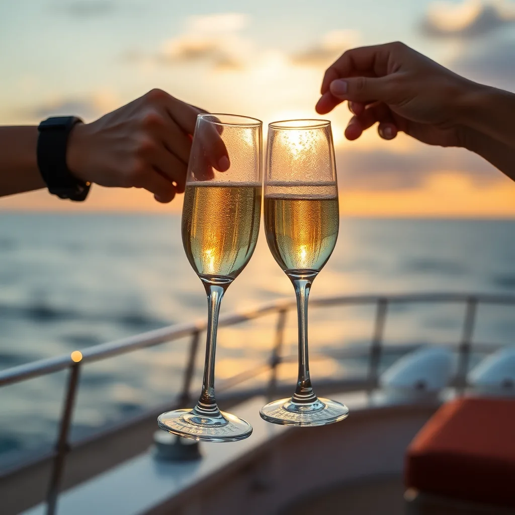 Champagne glasses clinking with the Mediterranean in the background.