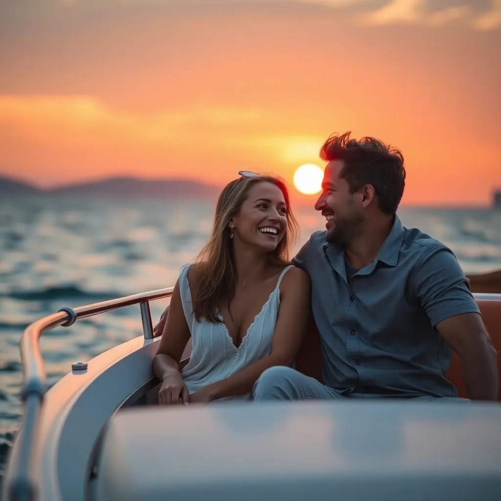A couple laughing together on a private boat at sunset.