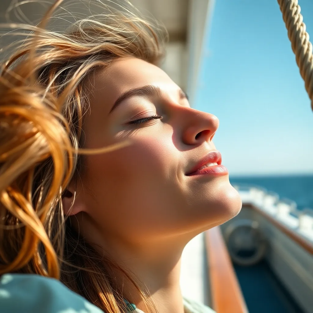A guest relaxing with the sea breeze on a sunny boat deck.