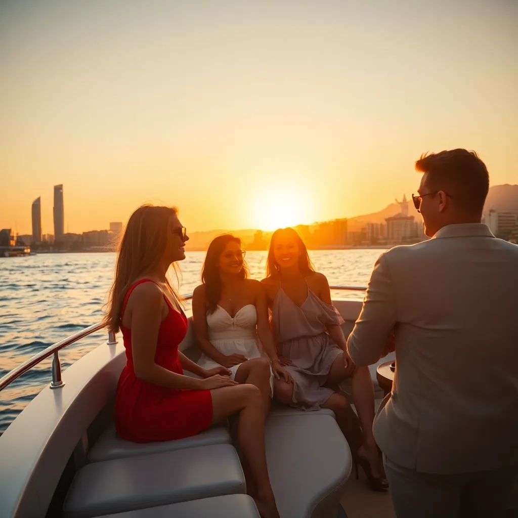 Friends enjoying a private sunset cruise with the Barcelona skyline behind them.