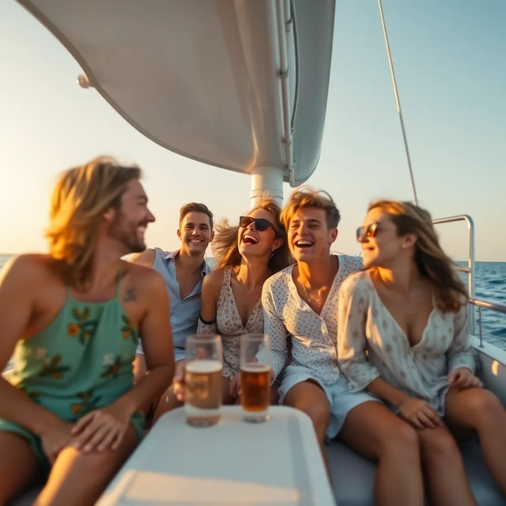 Friends laughing together during a celebration at sea.