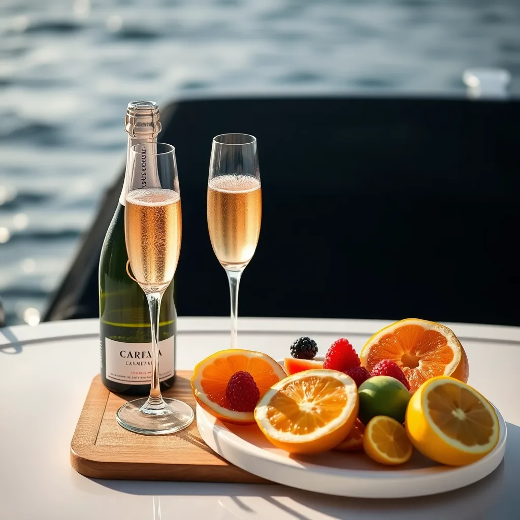 Premium drinks, fruit and glasses prepared on a boat.