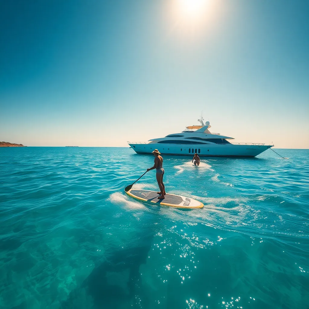 A guest paddle boarding near a private boat in clear water.
