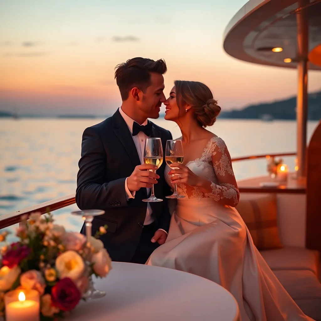 A golden hour toast with romantic details on a boat.