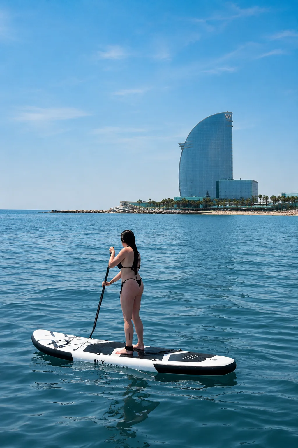 Someone paddleboarding in the sea with the W Hotel in the background.